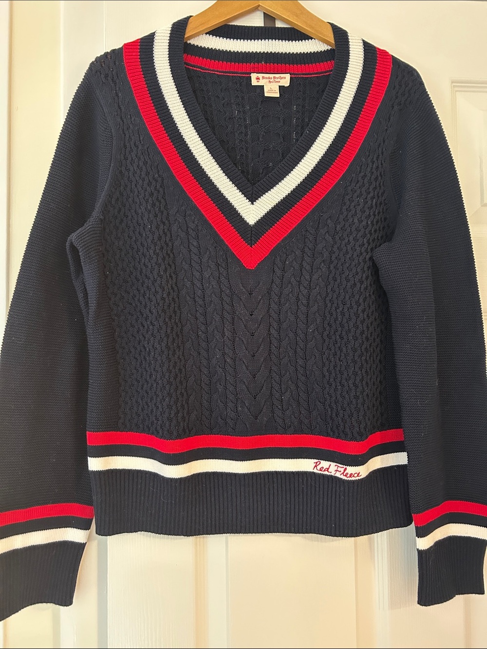 Brooks Brothers Red Fleece Navy V-Neck Cable Knit Sweater with Red & White Trim